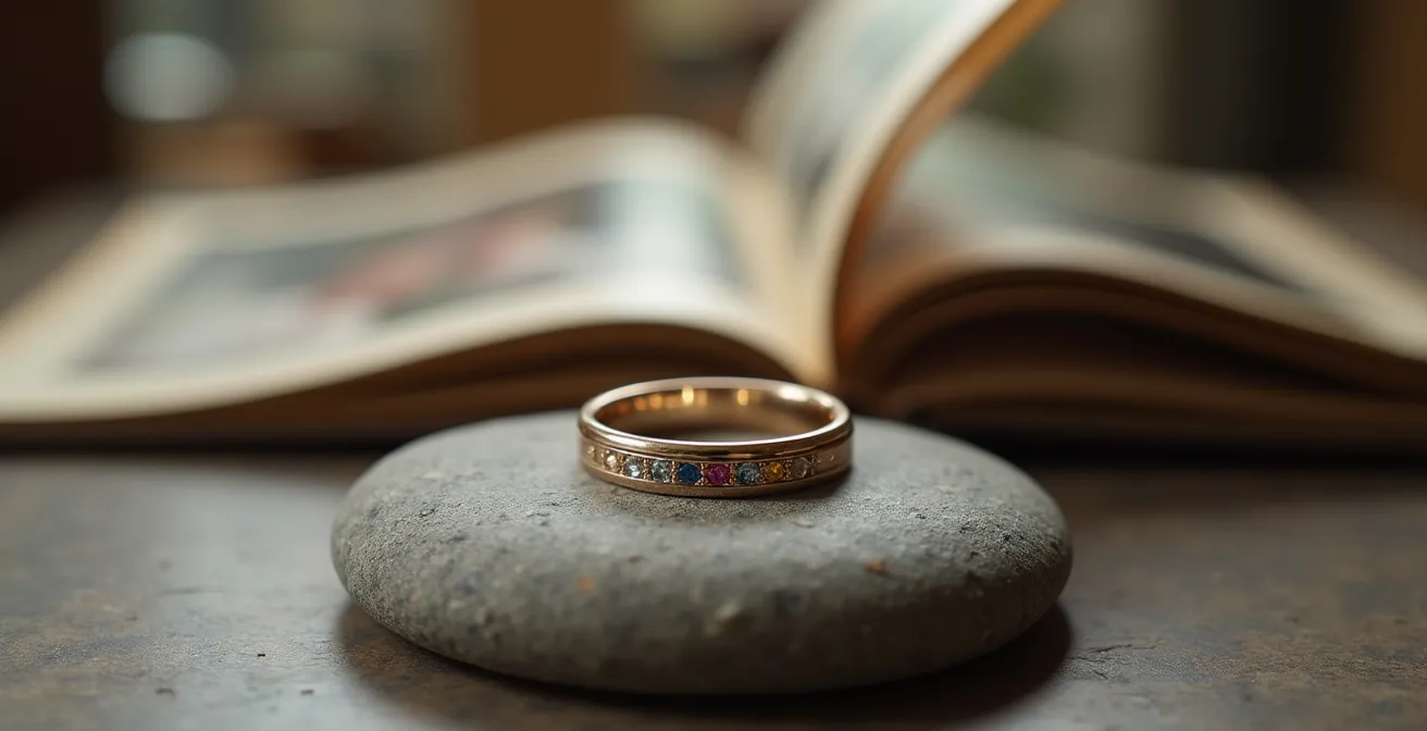 Alliance avec petites pierres de naissance incrustées représentant les enfants