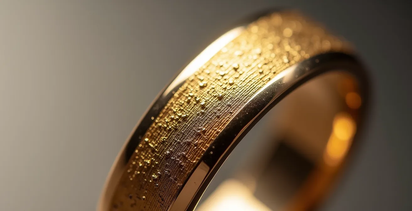 Vue macro d'une alliance montrant la texture et l'éclat de l'or 18 carats