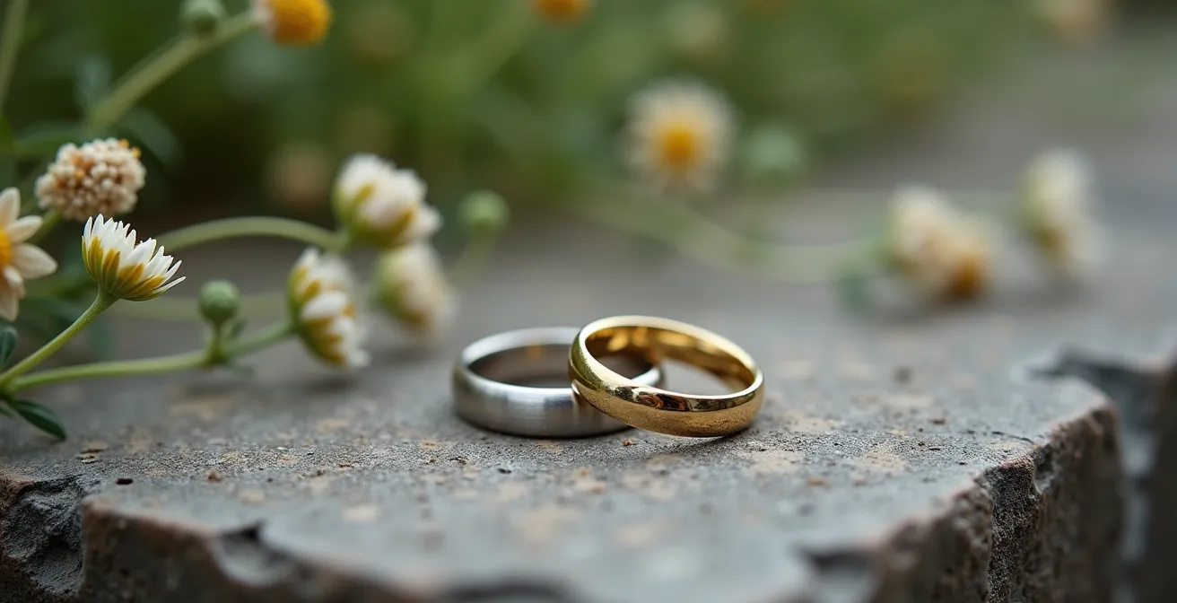 Deux alliances de métaux différents posées sur une surface naturelle belge