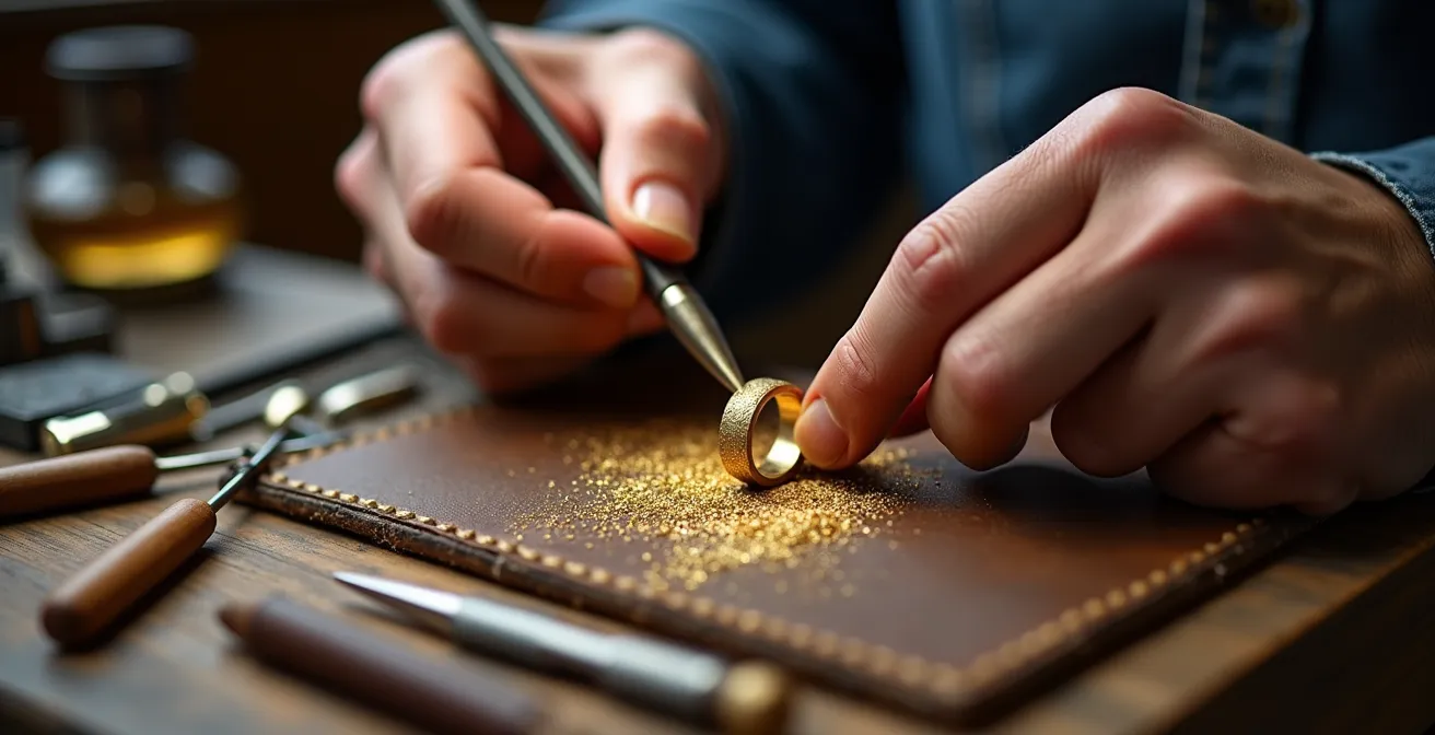 Artisan bijoutier belge travaillant sur une alliance dans son atelier traditionnel avec outils et établi