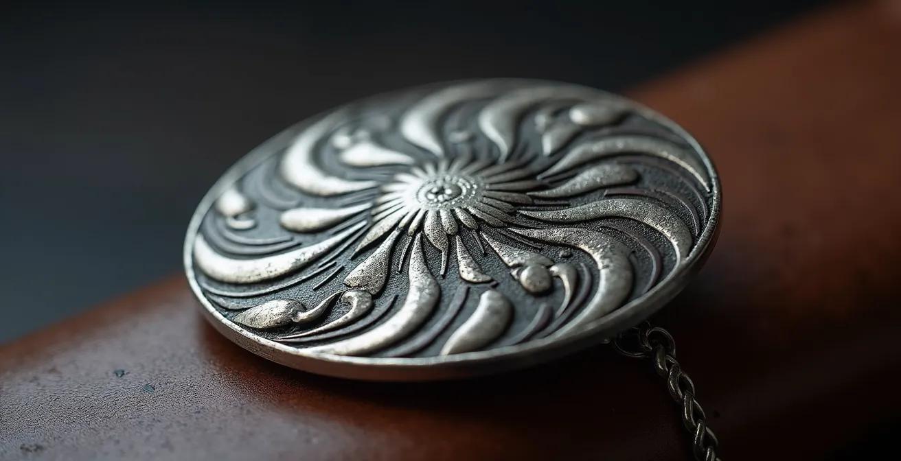 Détail macro d'un bijou Art Déco en argent avec patine noble préservée