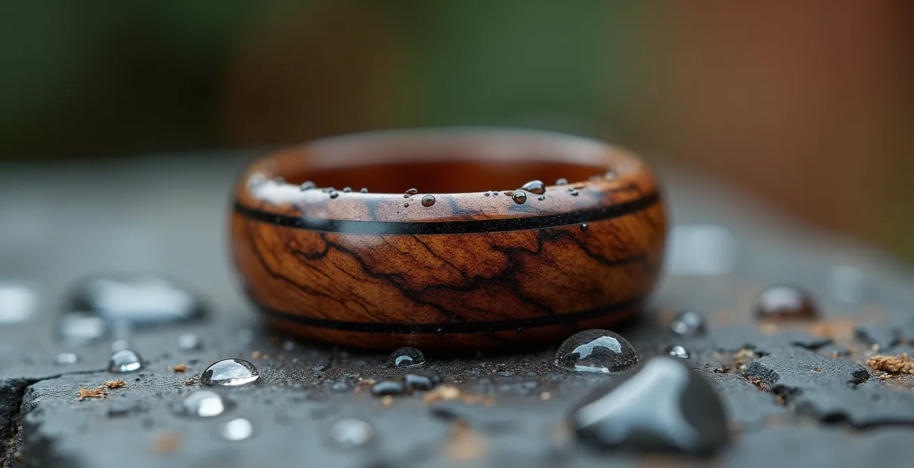 Gros plan sur une bague en bois précieux avec des gouttes d'eau calcaire typiques de Belgique à sa surface.