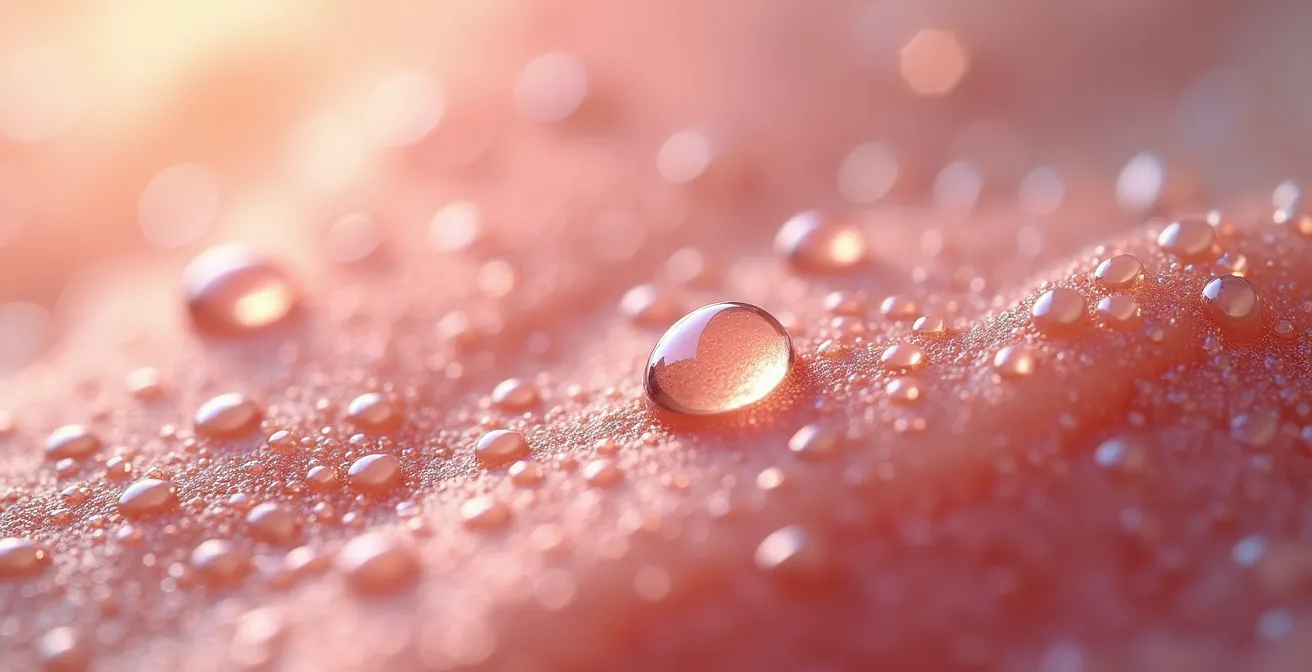 Vue macro de la texture d'une peau hydratée montrant l'effet protecteur des céramides