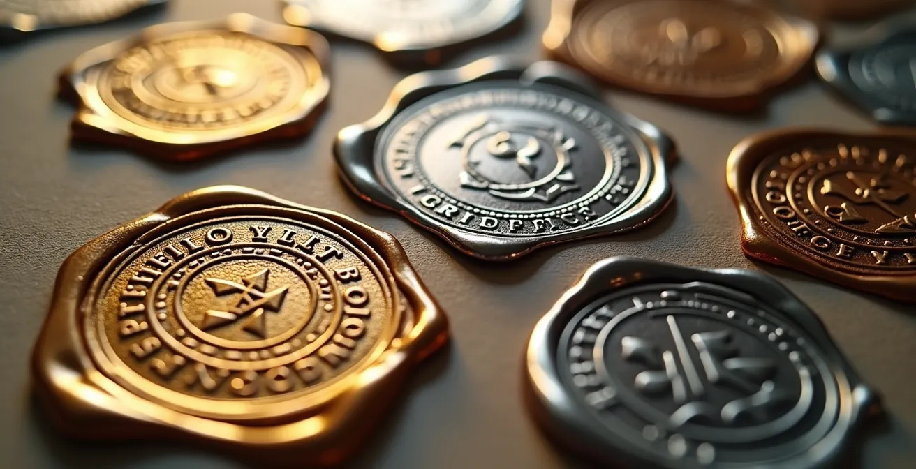 Composition abstraite montrant différents sceaux et tampons de certification