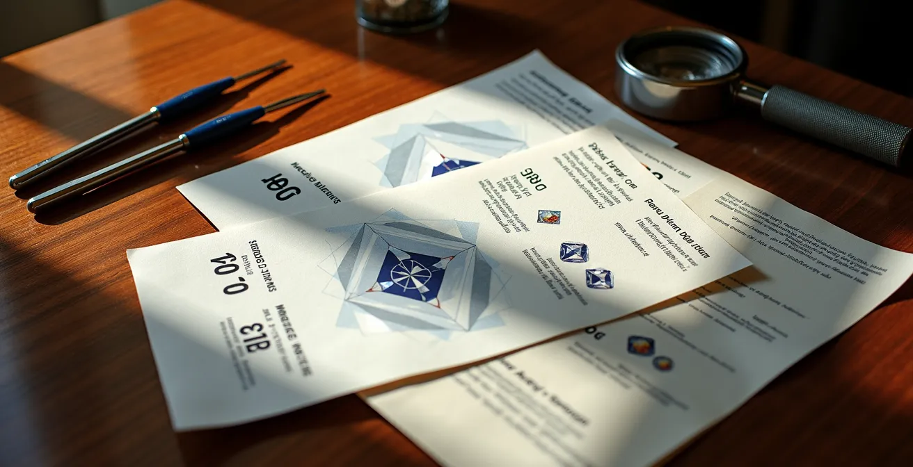 Bureau élégant avec plusieurs certificats de diamants disposés pour comparaison visuelle