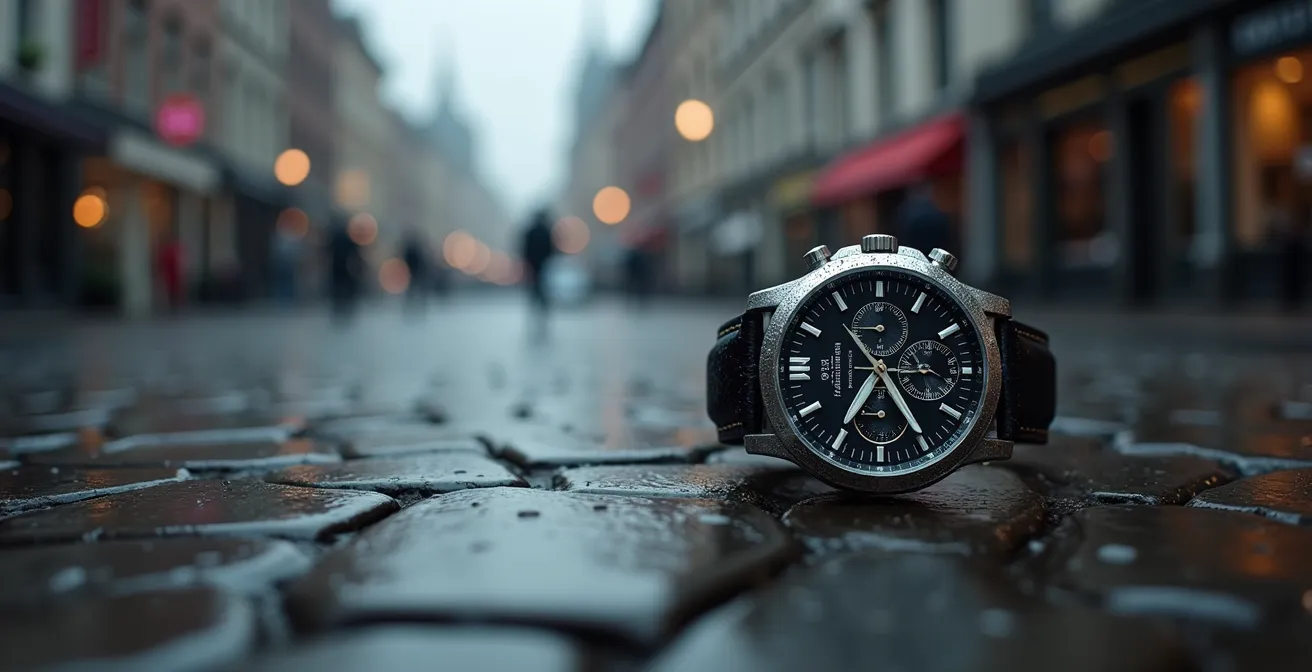 Gros plan sur les poussoirs vissés d'un chronographe sous la pluie belge