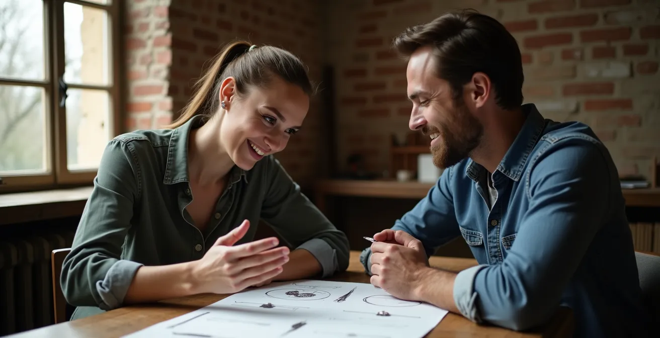 Portrait intimiste d'un joaillier et sa cliente échangeant autour de croquis de collier