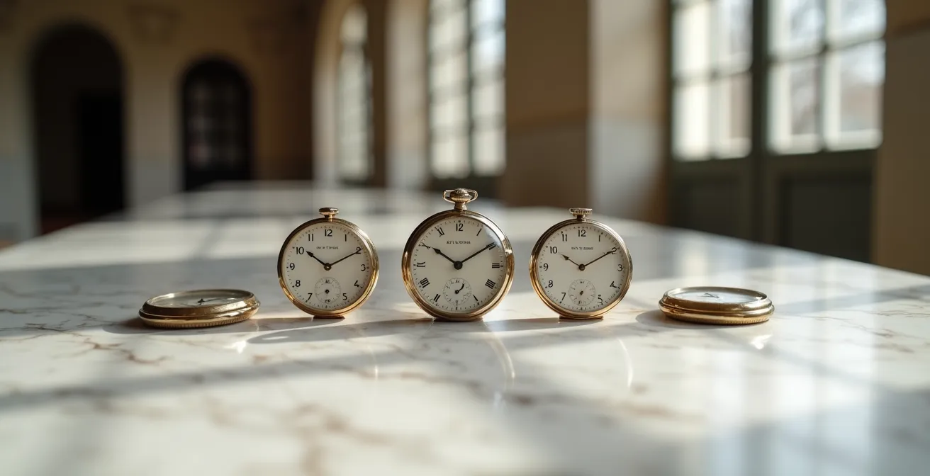 Collection de montres vintage de petit diamètre disposées élégamment sur une surface minimaliste