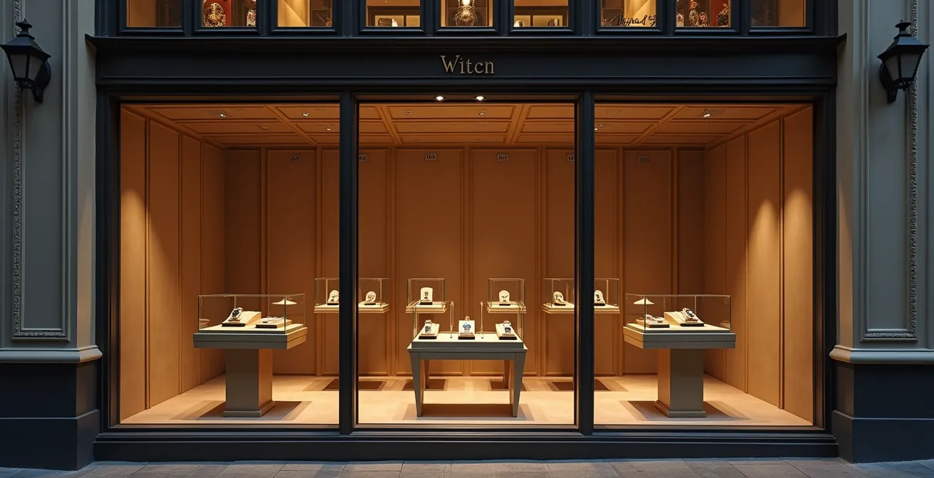 Vitrine de boutique horlogère de luxe avec reflets et atmosphère haut de gamme