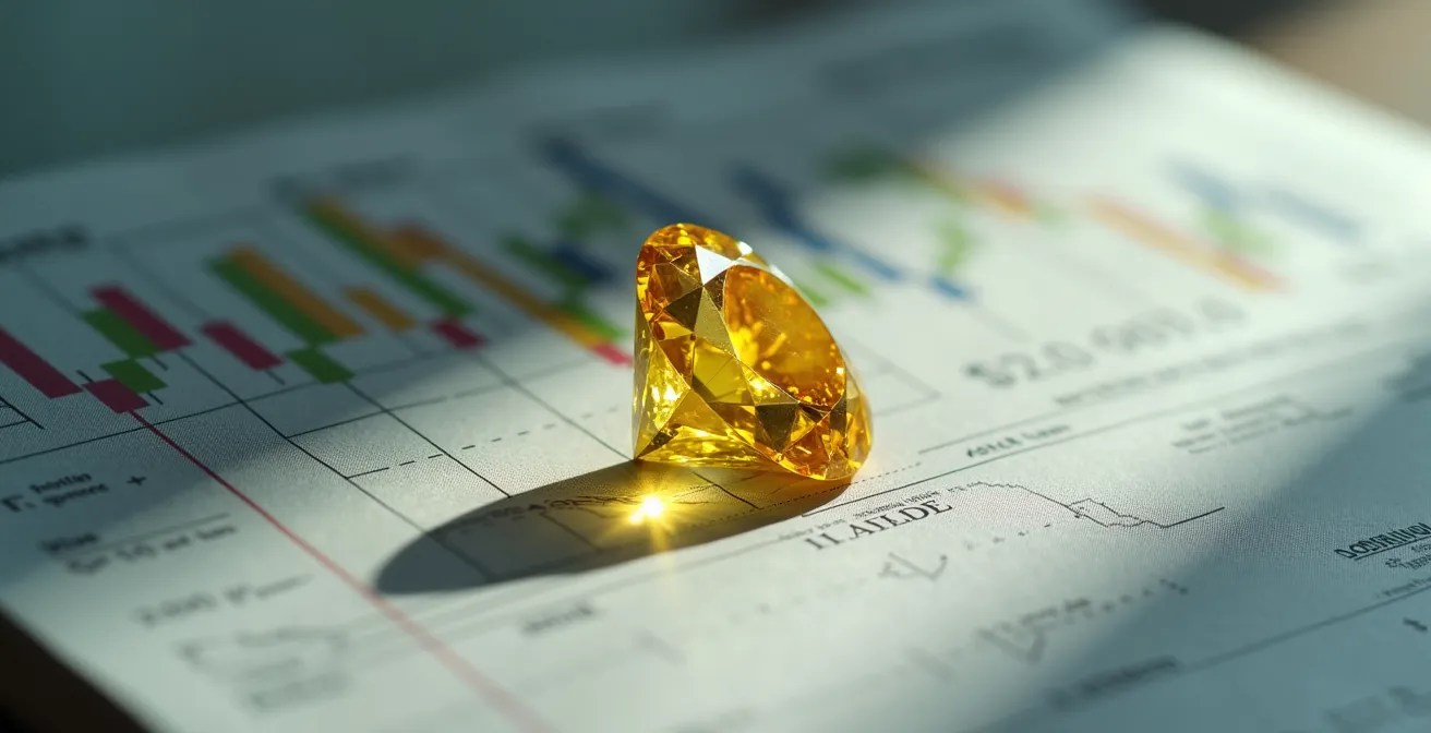 Diamant jaune Canary posé sur un document financier belge flou avec un graphique boursier en arrière-plan
