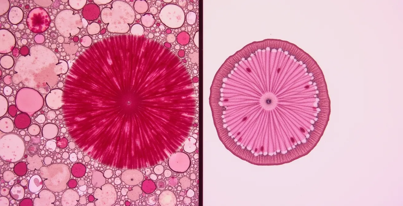 Vue comparative au microscope des inclusions d'un rubis naturel birman versus lignes courbes d'un Verneuil
