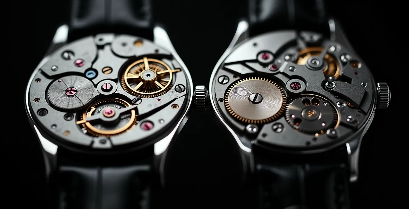 Comparaison macro entre un mouvement clone et un mouvement authentique montrant les différences de finitions