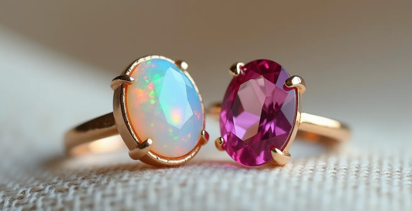 Deux bagues élégantes côte à côte montrant une opale iridescente et une tourmaline rose dans des sertis différents