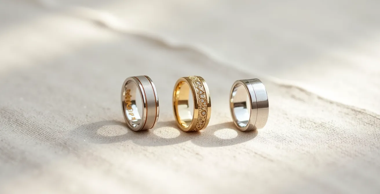 Comparaison visuelle de trois alliances en or blanc montrant les différentes nuances selon l'alliage utilisé