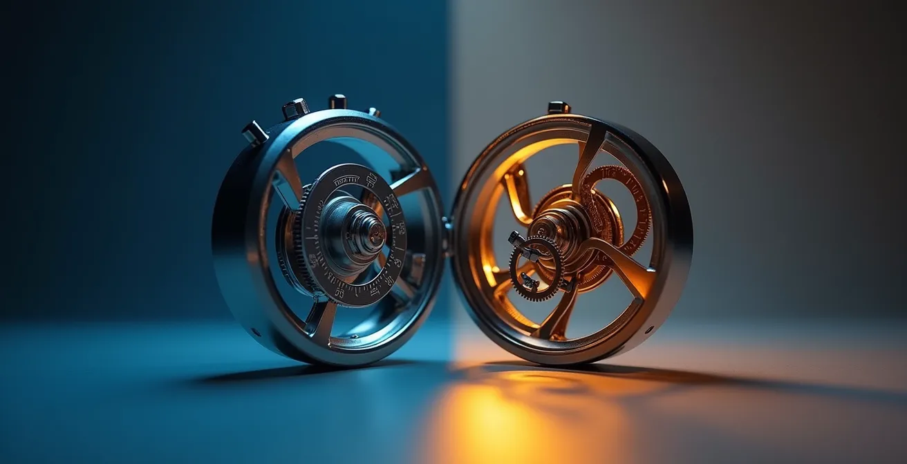 Comparaison visuelle entre un mécanisme à roue à colonnes et un système à came de chronographe
