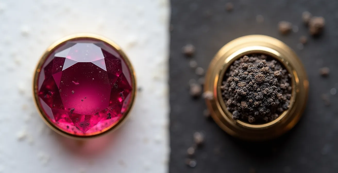 Comparaison côte à côte d'un rubis de montre propre et d'un rubis encrassé