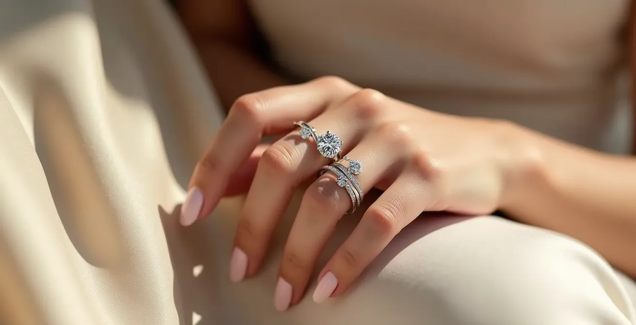 Vue comparative de diamants de différents carats sur une main pour montrer la différence de taille réelle