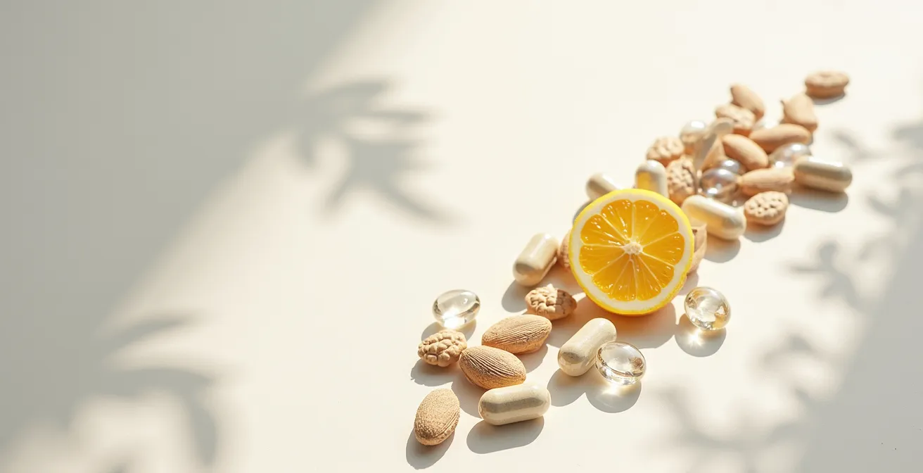 Composition artistique de compléments alimentaires avec focus sur texture et couleurs naturelles