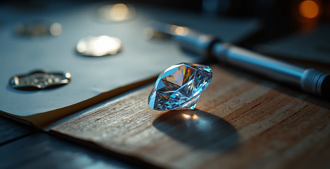 Diamant non monté sur table d'expertise avec loupe de joaillier et certificat HRD Antwerp