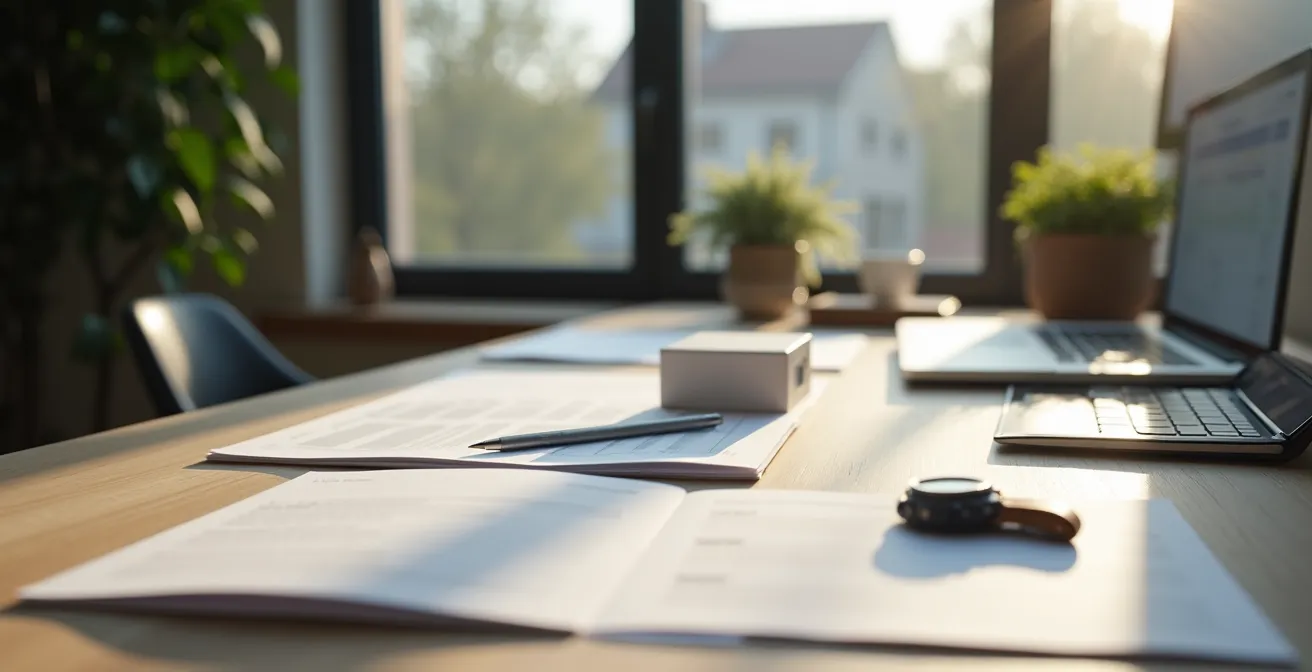 Bureau avec des documents fiscaux belges, une calculatrice et une montre de luxe, symbolisant la planification fiscale de cet investissement.