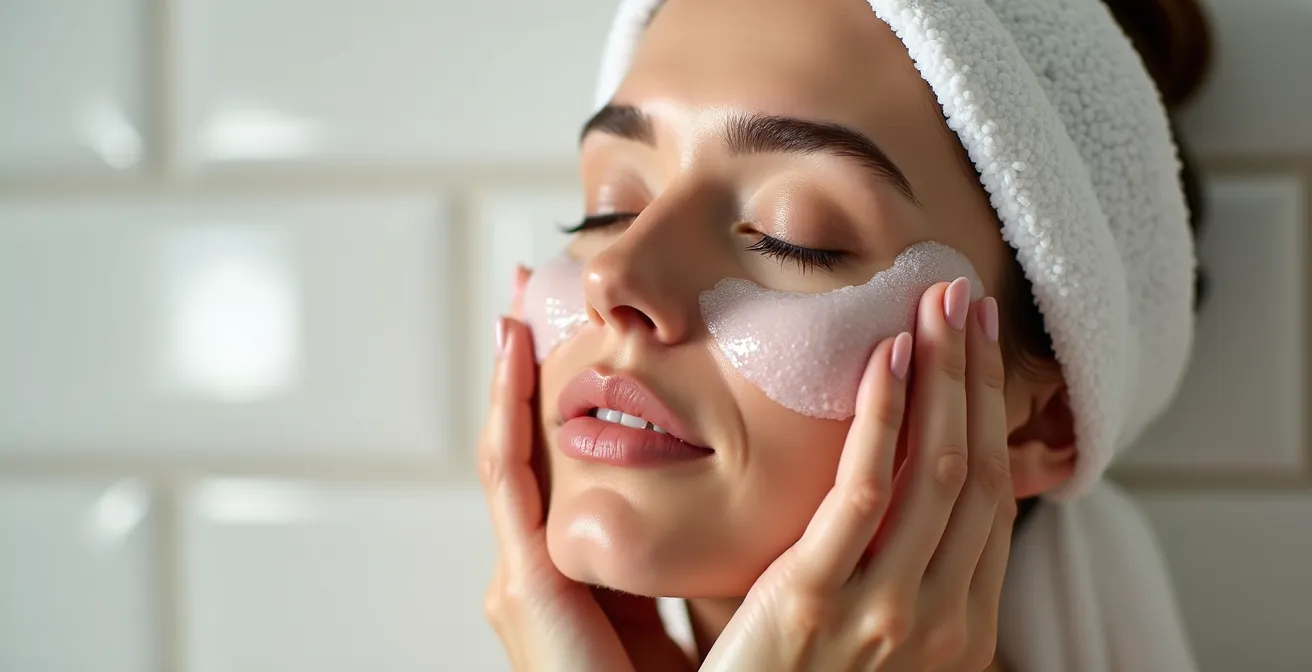 Gros plan sur des mains effectuant des mouvements circulaires de nettoyage sur le visage