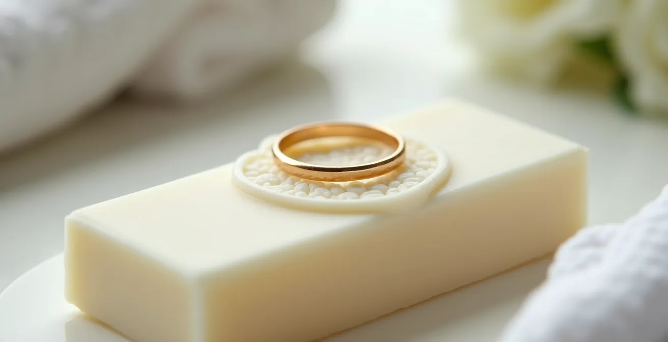 Empreinte d'une bague dans un pain de savon blanc avec une lumière douce révélant les détails