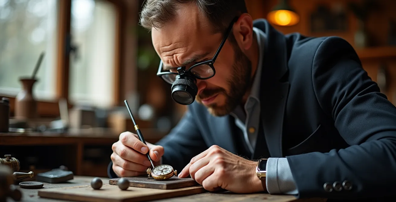 Horloger belge expert examinant le mouvement d'une montre vintage dans son atelier à Bruxelles