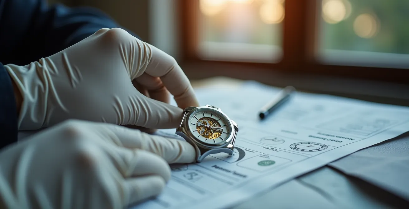 Expert examinant une montre de luxe avec loupe professionnelle entouré de documents d'évaluation