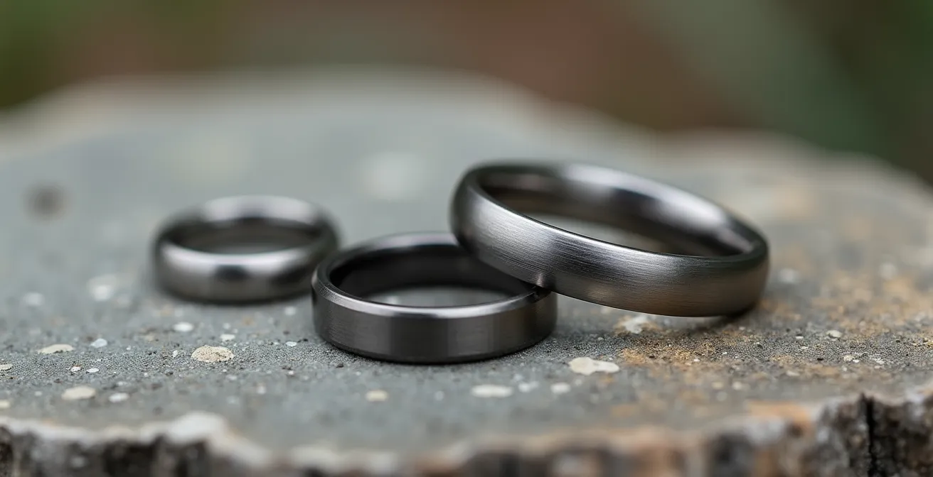 Trois alliances en titane avec finitions différentes disposées sur surface naturelle