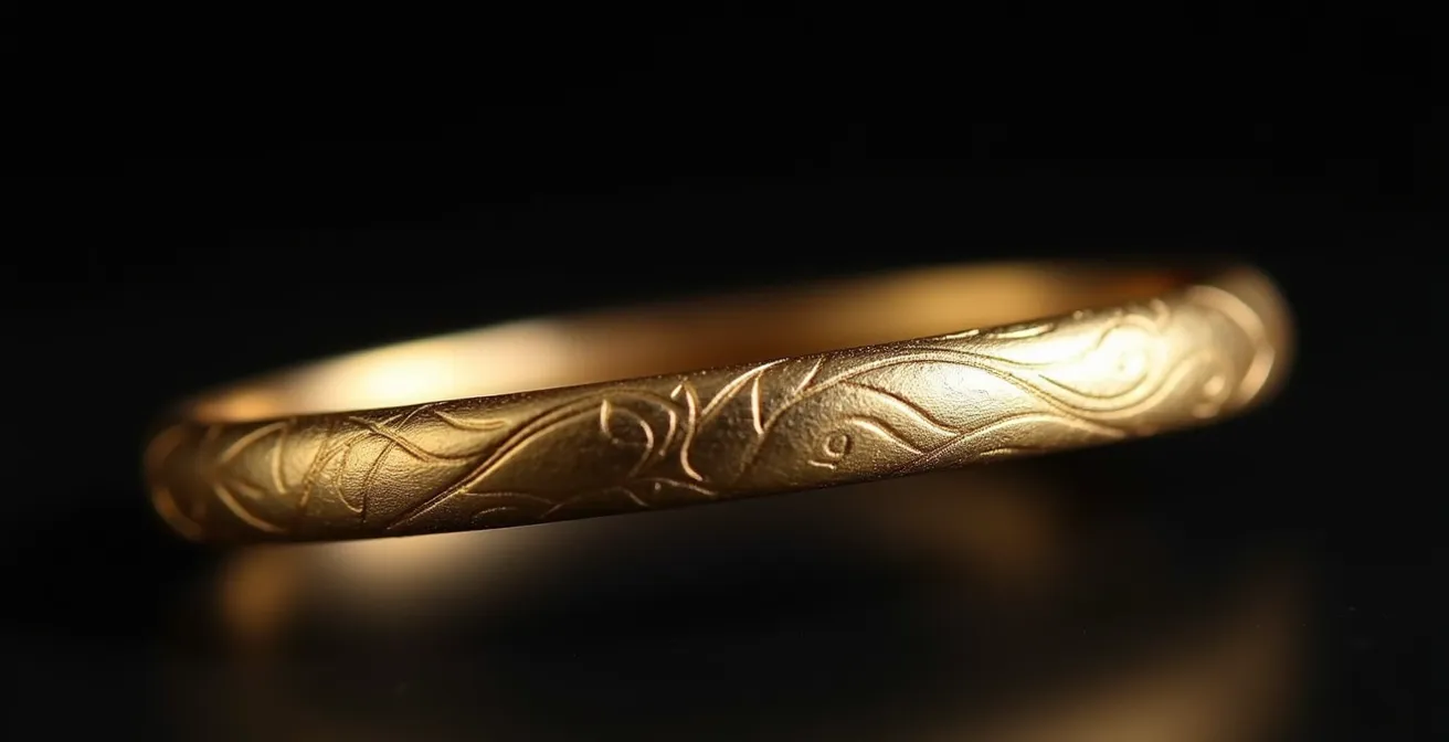 Vue macro de l'intérieur d'une alliance fine avec gravure délicate