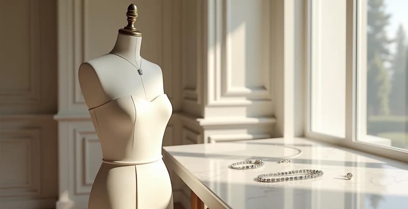 Composition élégante montrant l'équilibre entre bijoux de haute joaillerie et une robe bustier sophistiquée