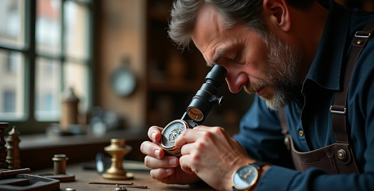 Horloger belge en atelier examinant un mécanisme de quantième avec une loupe professionnelle