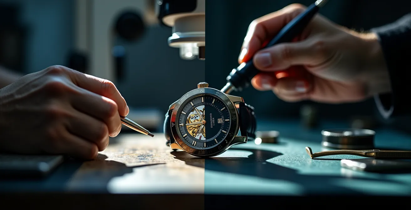 Comparaison visuelle entre un atelier d'horlogerie professionnel équipé et un comptoir de centre commercial