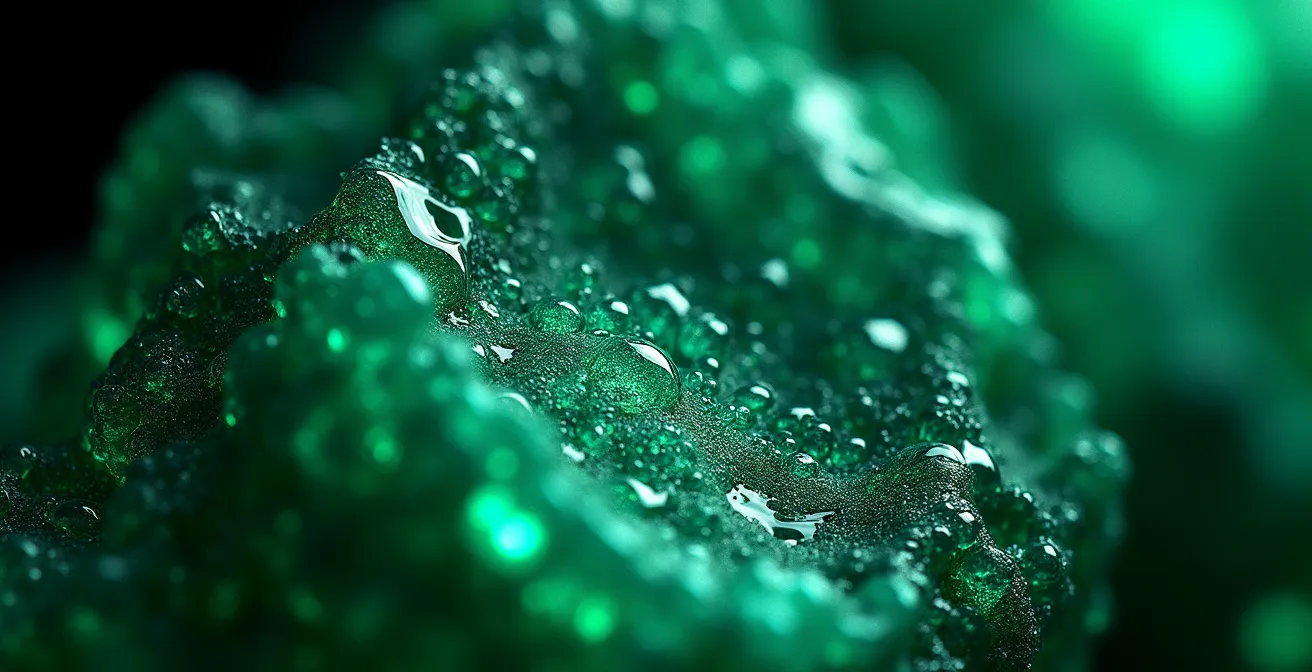 Vue microscopique des inclusions triphasées caractéristiques d'une émeraude colombienne