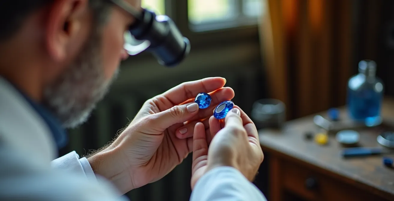 Main de gemmologue examinant un saphir bleu à la loupe 10x dans un atelier anversois