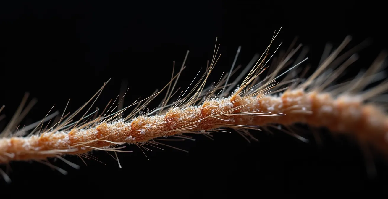 Vue macro d'une fibre capillaire montrant les dommages causés par une chaleur excessive