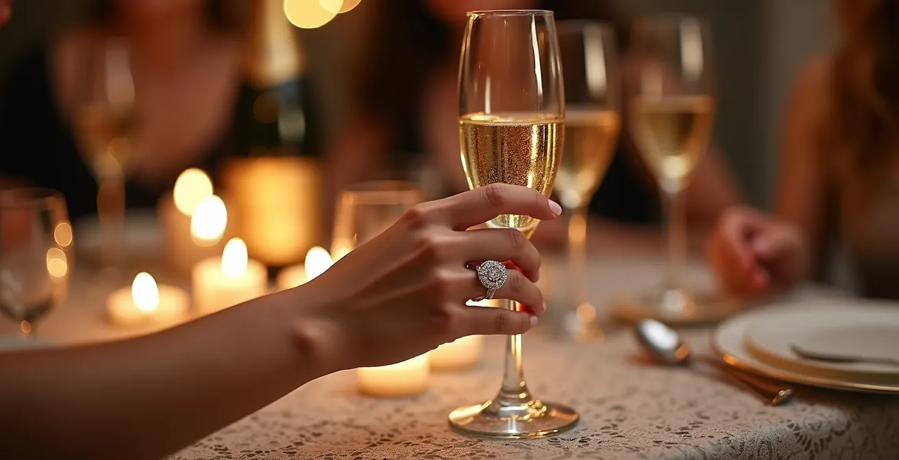 Main féminine portant une bague de fiançailles lors d'une célébration avec flûtes de champagne en arrière-plan