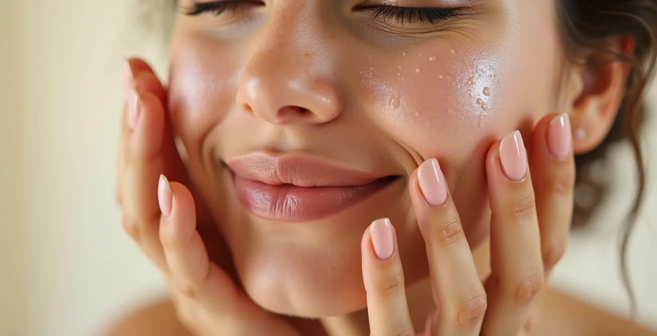 Gros plan sur des mains appliquant délicatement un tonique sur les joues