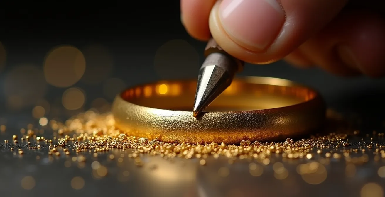 Gros plan sur les mains d'un artisan belge façonnant une alliance en or 18 carats dans son atelier