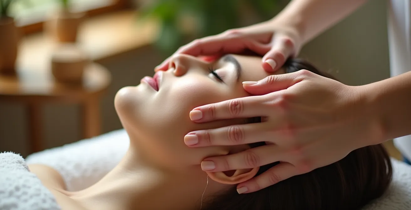 Mains effectuant un massage circulaire du cuir chevelu avec mise en évidence de la circulation sanguine