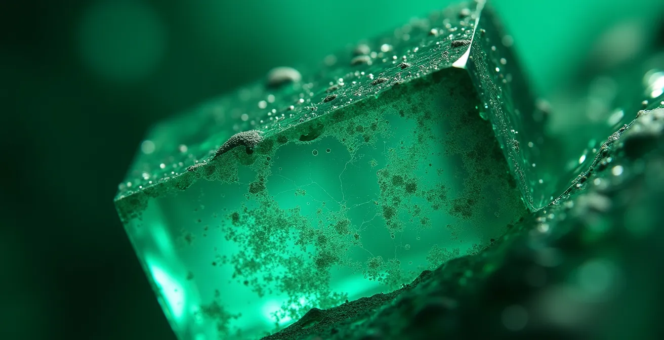 Vue microscopique des inclusions dans une émeraude révélant les traces de traitement