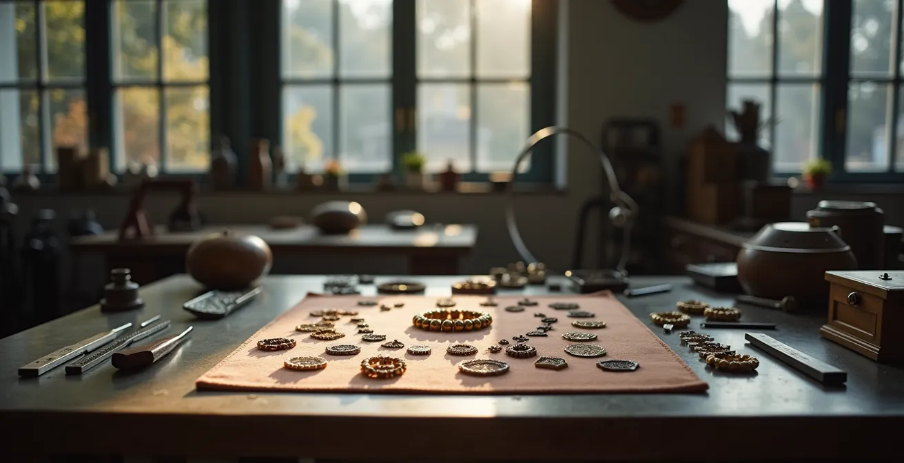 Vue d'ensemble d'un atelier de joaillerie avec bracelet ancien en cours de transformation