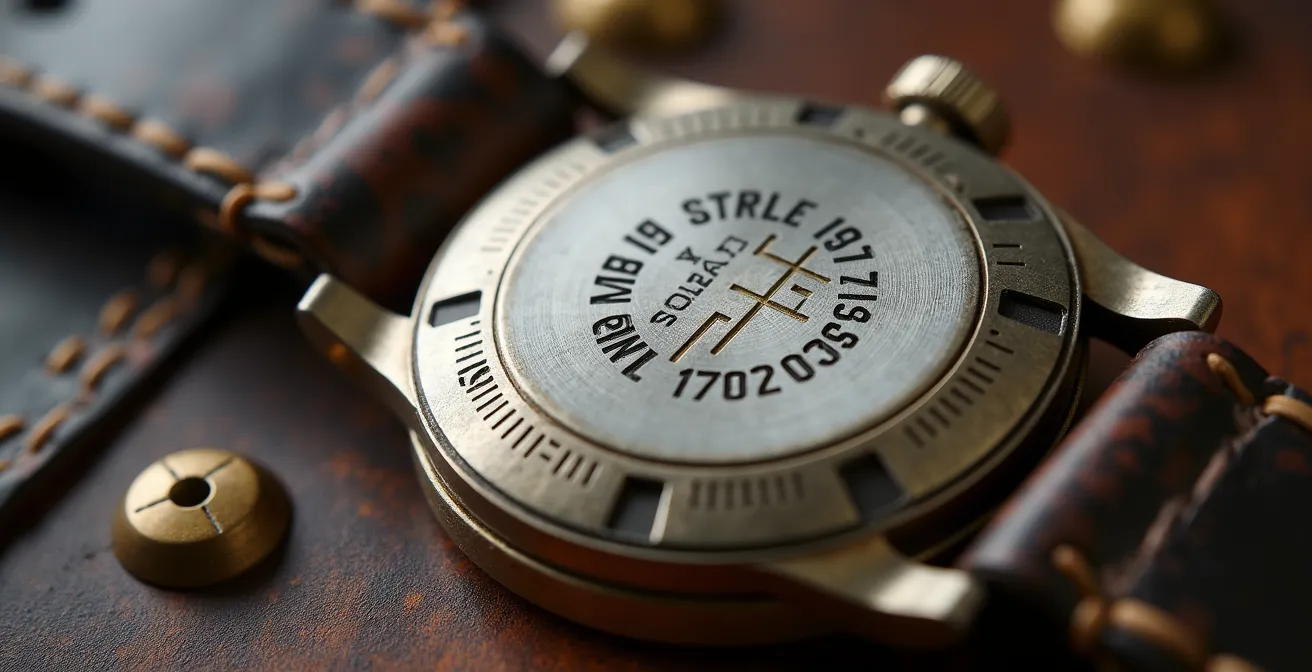 Détail macro d'une gravure militaire authentique sur le fond d'une montre vintage