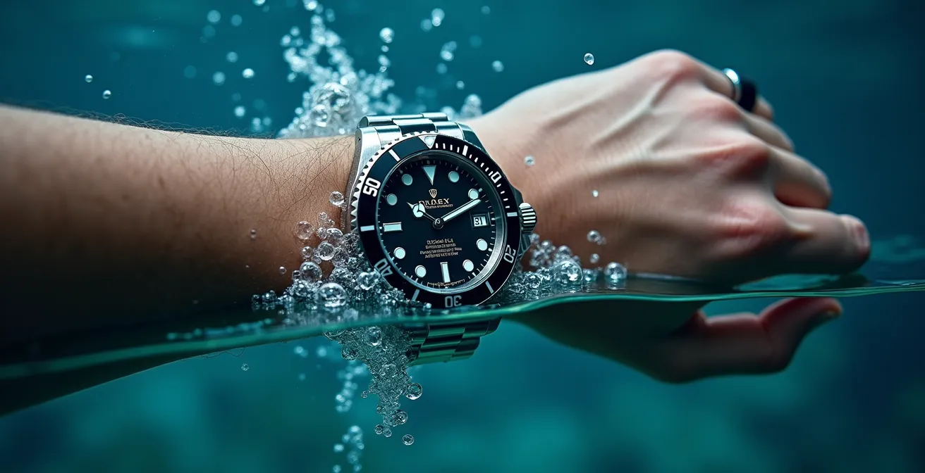 Montre de plongée immergée partiellement dans l'eau avec bulles et reflets