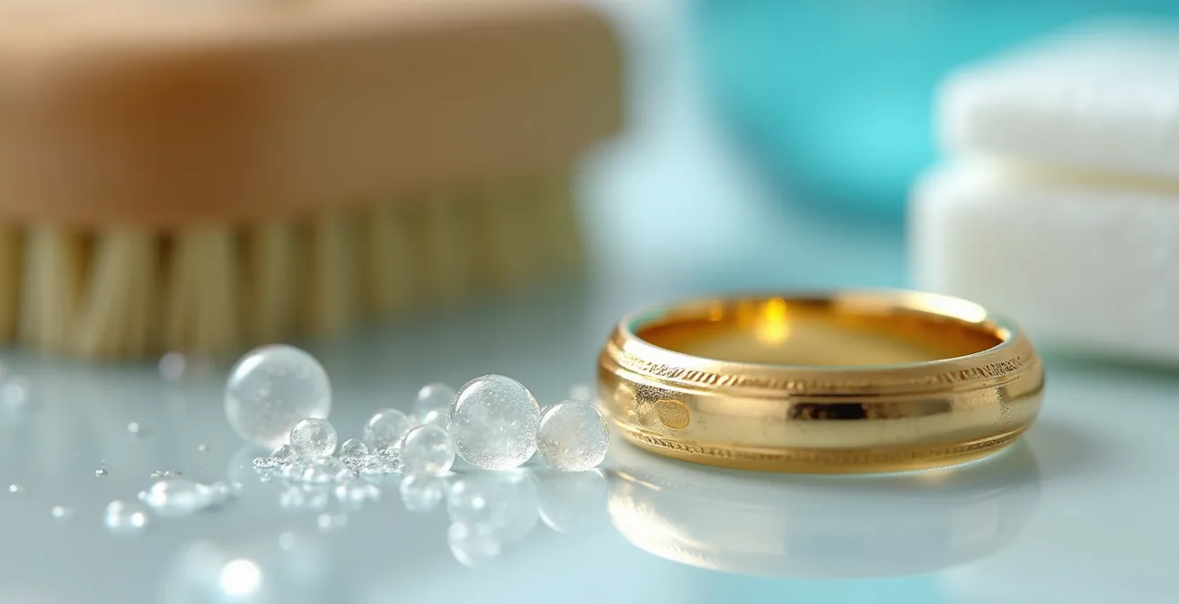 Gros plan macro sur une alliance en or blanc avec textures de gel hydroalcoolique et outils de nettoyage