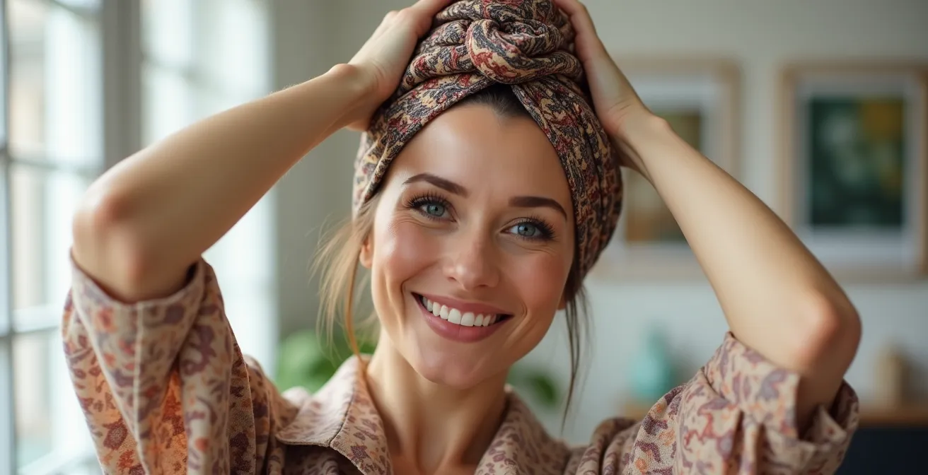 Techniques de nouage de foulard en soie en turban et bandeau pour camoufler les racines grasses avec style