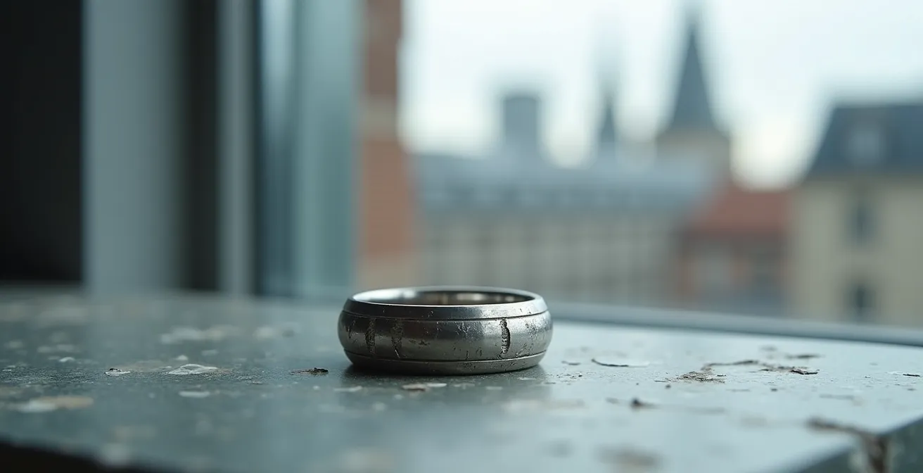 Alliance en platine avec patine naturelle d'usage sur fond minimaliste belge