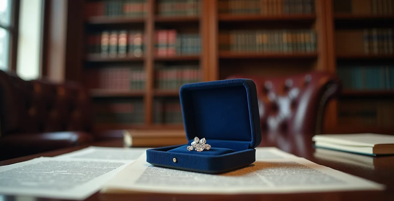 Coffret de présentation de diamants avec documents fiscaux belges floutés en arrière-plan dans un bureau d'expert