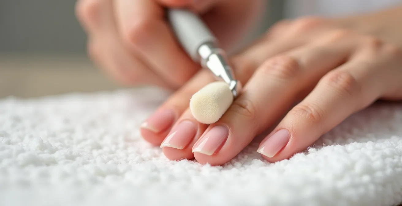 Gros plan sur un ongle naturel en cours de préparation avec un bloc polissoir, illustrant la première étape cruciale.