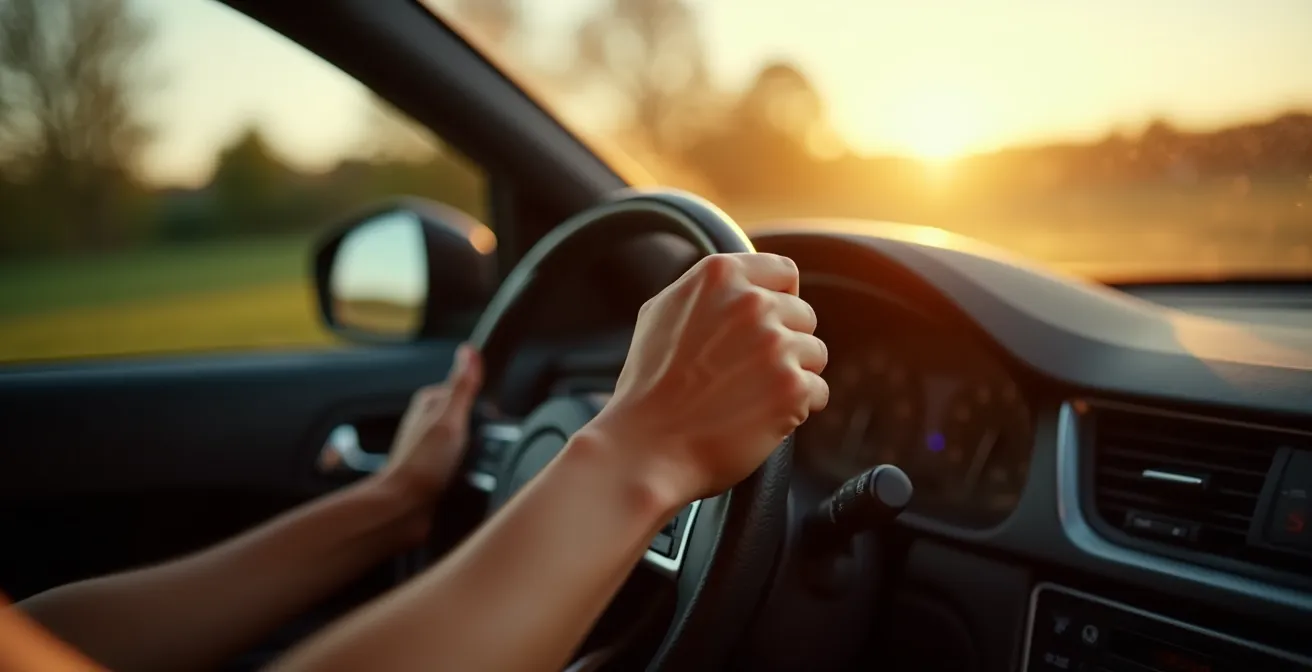 Vue latérale d'une main posée sur un volant de voiture, baignée par la lumière naturelle filtrant à travers la vitre